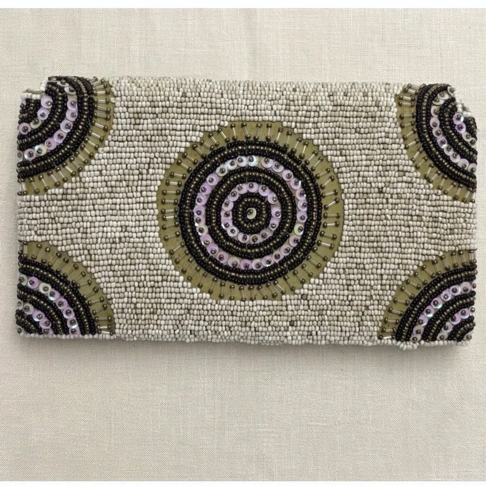 Little‎ Joe Woman Gail Elliott Beaded Wristlet Clutch Cream Gold Art Deco Boho